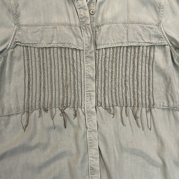 Zara Western Shirt Crystal Fringe Button Front Long  Sleeve Sage Green Small - Picture 3 of 10